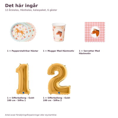 12-årskalas, Hästkalas, kalaspaket, 6 gäster – innehåll och antal, sifferballong 100 cm