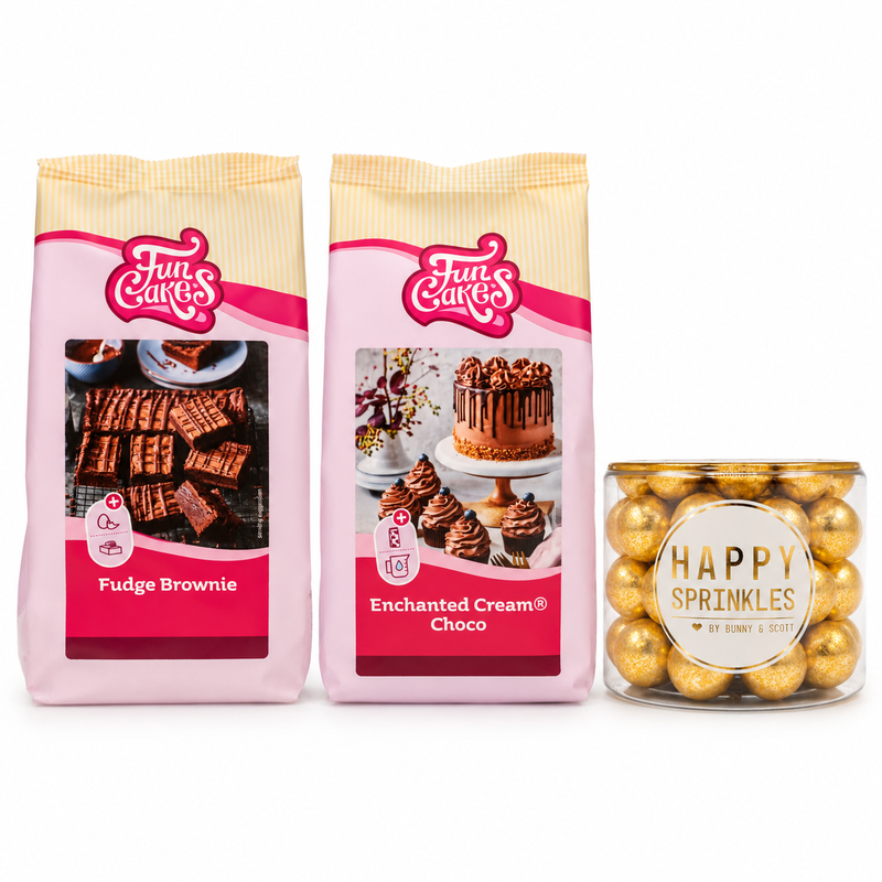 Produktöversikt: Browniebitar med luftig chokladkräm och guldcrunch