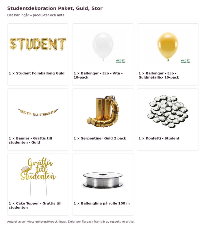 Studentdekoration Paket, Guld, Stor – innehåll och antal förpackningar