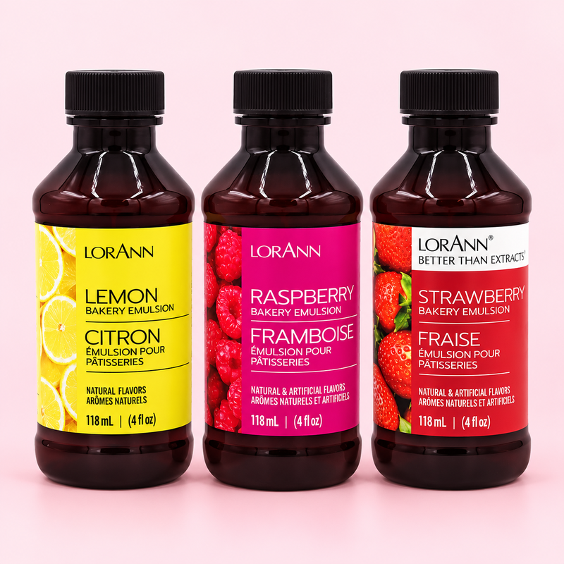 Bakemulsioner – citron, hallon och jordgubb – samlingsbild av ingående produkter.