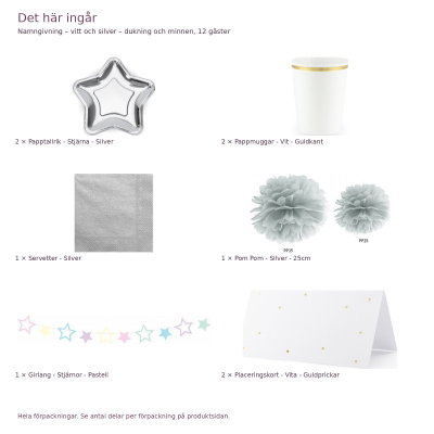 Namngivning – vitt och silver – dukning och minnen, 12 gäster – innehåll och antal förpackningar