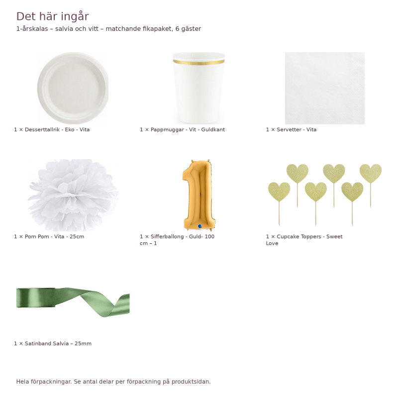 1-årskalas – salvia och vitt – matchande fikapaket, 6 gäster – innehåll och antal förpackningar