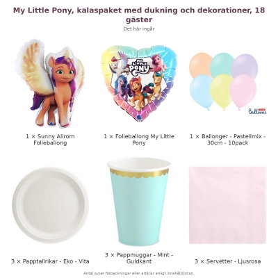 My Little Pony, kalaspaket med dukning och dekorationer, 18 gäster – innehåll och antal förpackningar