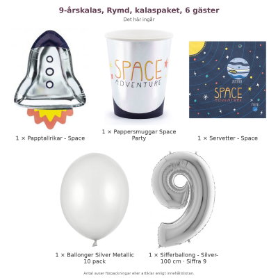 9-årskalas, Rymd, kalaspaket, 6 gäster – innehåll och antal förpackningar