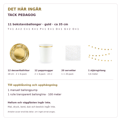 Innehåll och exakta antal – TACK PEDAGOG, 35 cm bokstäver och dukning för 12