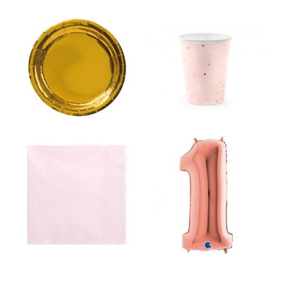 11-årskalas, Rosa och guld, kalaspaket, 6 gäster – paketets produkter med sifferballong 100 cm