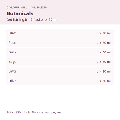 Paketinnehåll: 1 × Lilac 20 ml, 1 × Rose 20 ml, 1 × Dusk 20 ml, 1 × Sage 20 ml, 1 × Latte 20 ml, 1 × Olive 20 ml