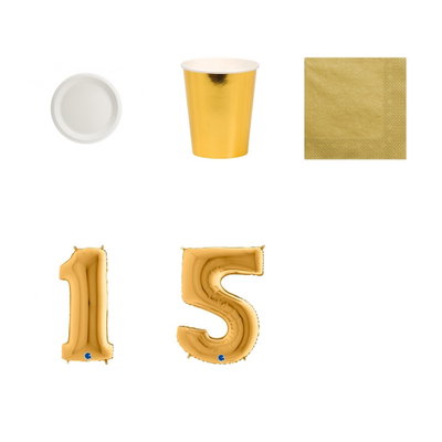 15-årskalas, Vitt och guld, kalaspaket, 6 gäster – paketets produkter med sifferballong 100 cm