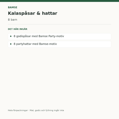 Bamse – kalaspåsar och partyhattar för 8 barn – innehåll och antal