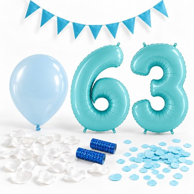 63-års festpaket, Blått, Stor – paketets dekorationer på vit bakgrund
