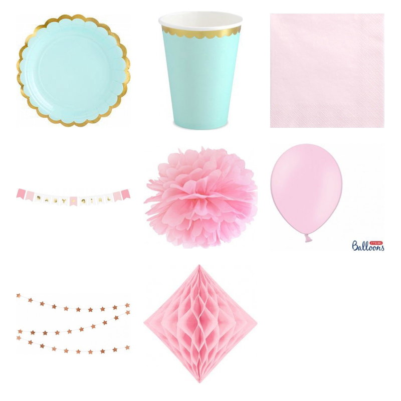 Babyshower flicka – mint och rosa – fika och dekorationer, 12 gäster – produktöversikt