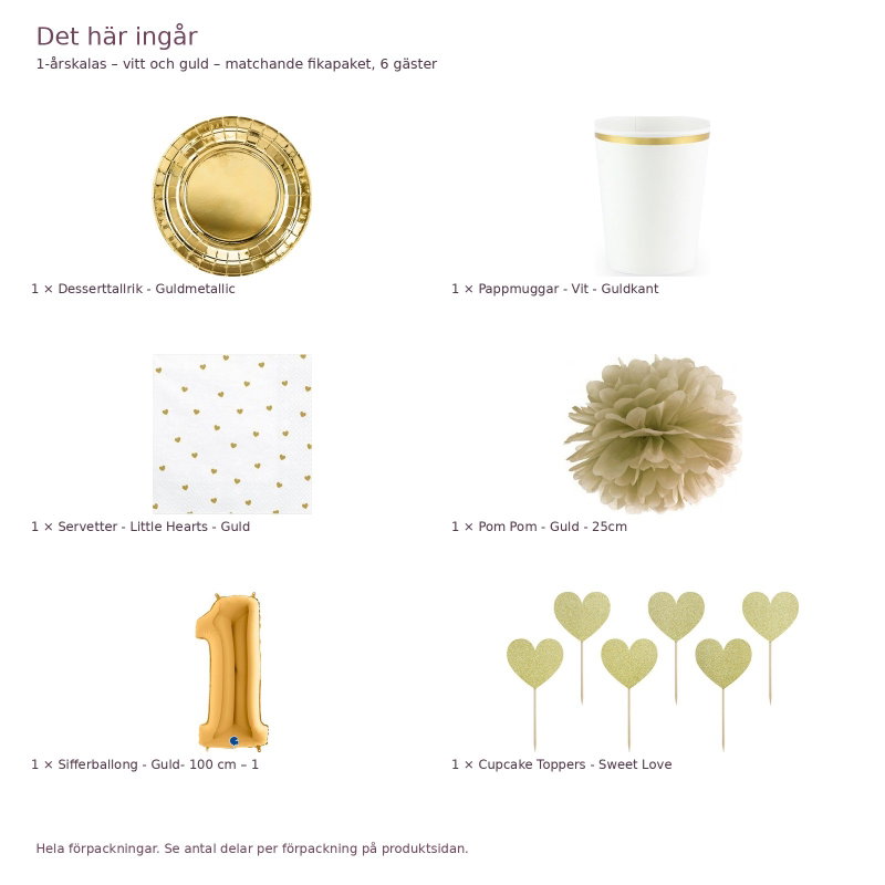 1-årskalas – vitt och guld – matchande fikapaket, 6 gäster – innehåll och antal förpackningar
