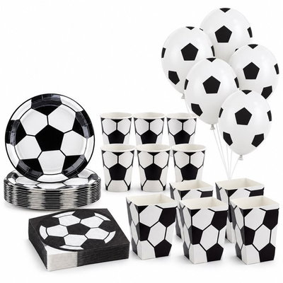 Fotboll, kalaspaket med dekorationer, 12 gäster – sammansatt bild av paketets produkter