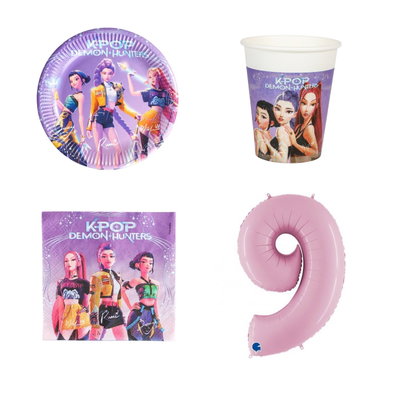 9-årskalas, K-pop, kalaspaket, 8 gäster – paketets produkter med sifferballong 100 cm