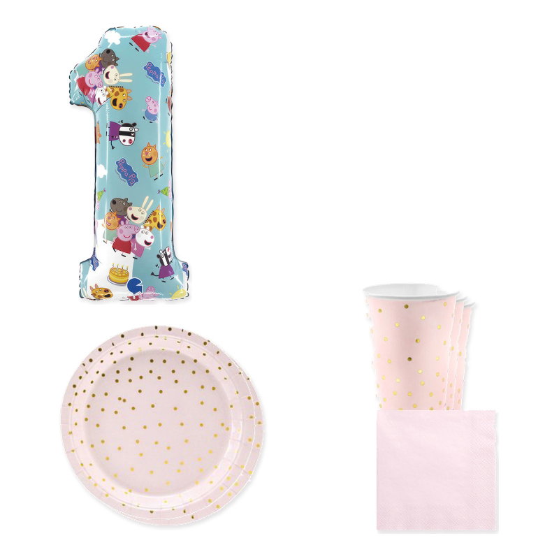 Greta Gris – 1-årskalas – rosa dukning och ballong, 6 gäster