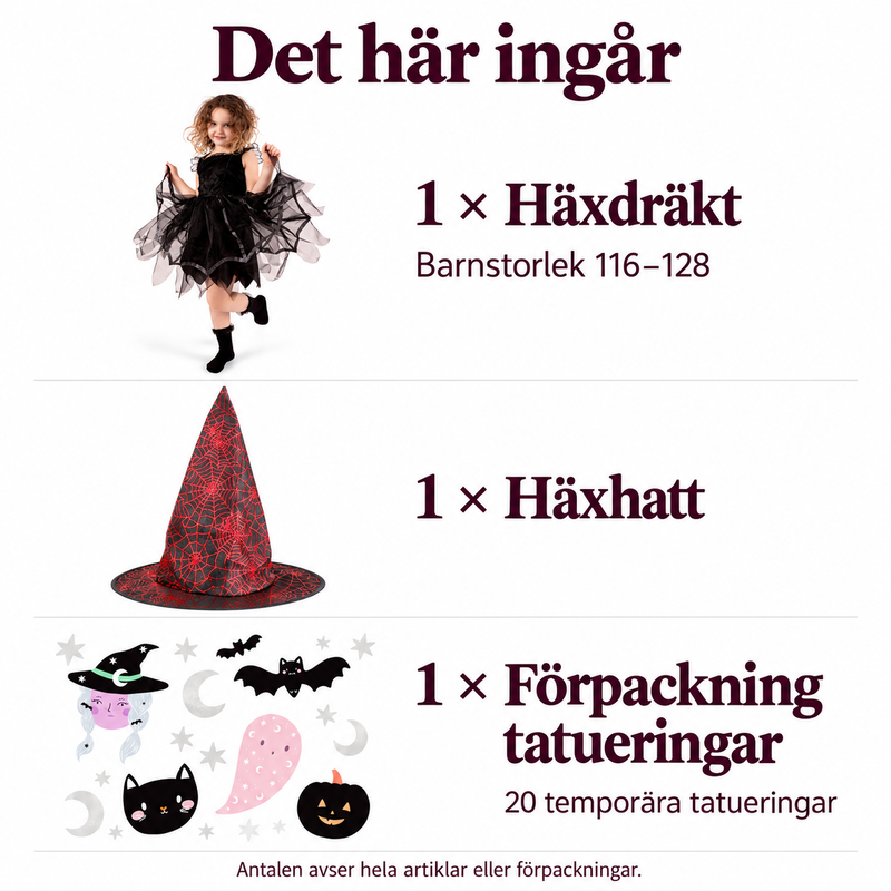 Paketets innehåll och antal: en häxdräkt, en häxhatt och en förpackning med 20 tatueringar