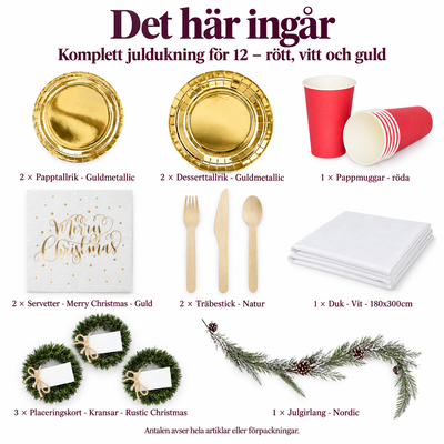 Komplett juldukning för 12 – rött, vitt och guld – innehåll och antal