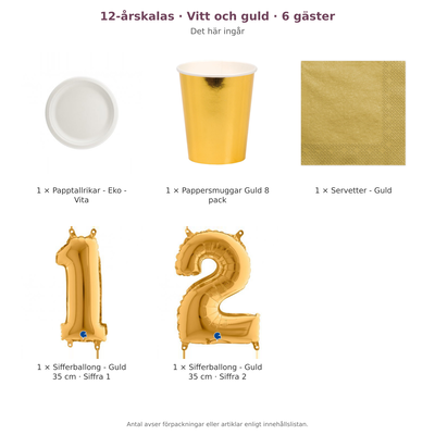 12-årskalas, Vitt och guld, kalaspaket, 6 gäster – innehåll och antal förpackningar