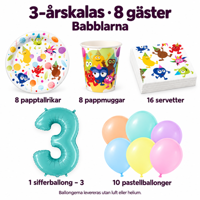 3-årskalas, Babblarna, kalaspaket, 8 gäster – innehåll och antal