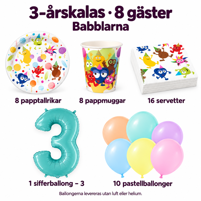 3-årskalas, Babblarna, kalaspaket, 8 gäster – innehåll och antal