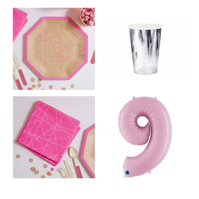 9-årskalas, Neonkalas, kalaspaket, 6 gäster – paketets produkter med sifferballong 100 cm
