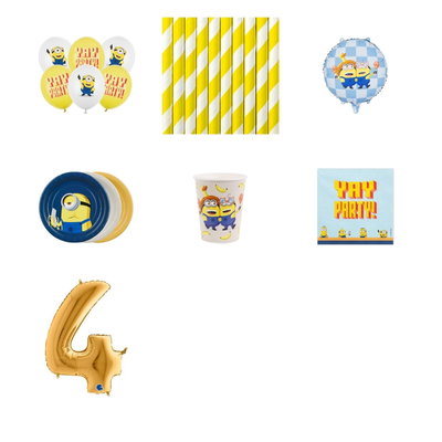 4-årskalas, Minioner, kalaspaket, 6 gäster – paketets produkter med sifferballong 100 cm