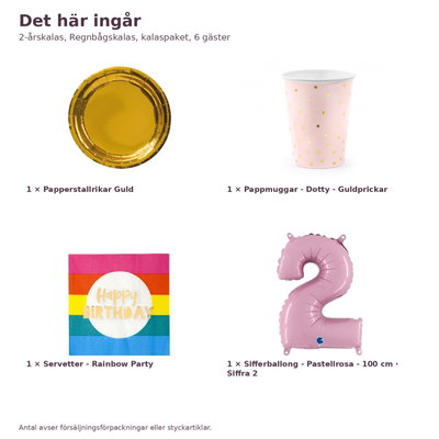 2-årskalas, Regnbågskalas, kalaspaket, 6 gäster – innehåll och antal, sifferballong 100 cm