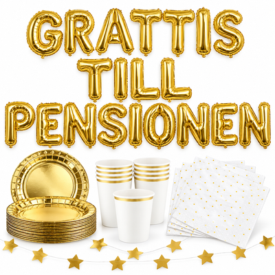 GRATTIS TILL PENSIONEN, 35 cm guld bokstavsballonger med guld dukning