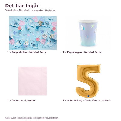 5-årskalas, Narwhal, kalaspaket, 6 gäster – innehåll och antal, sifferballong 100 cm