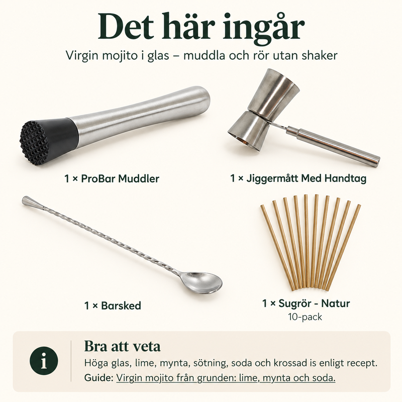 Virgin mojito i glas – muddla och rör utan shaker – innehåll
