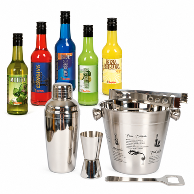 Illustration av hemmabarpaket med fem drinkmixar och Deluxe Bar Set