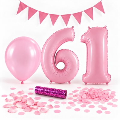 61-års festpaket, Rosa, Stor – paketets dekorationer på vit bakgrund