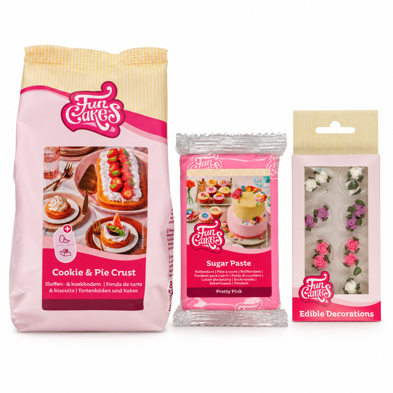 Produktöversikt: Blomsterkakor med rosa sockerpastatopp