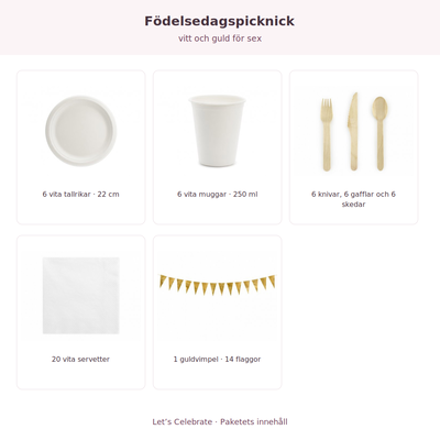 Innehåll och antal: Födelsedagspicknick – vitt och guld för sex