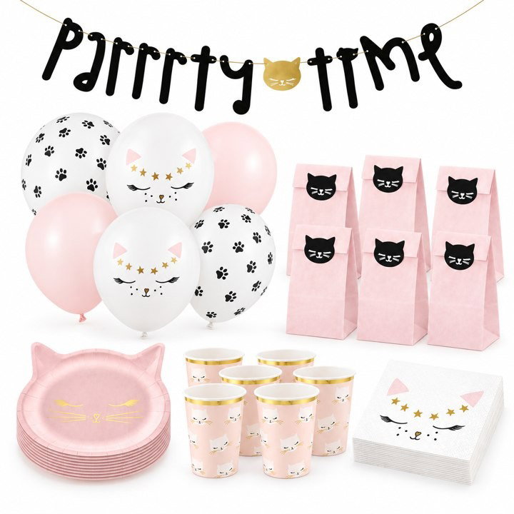 Cute Cat-kalas, kalaspaket med dekorationer, 12 gäster