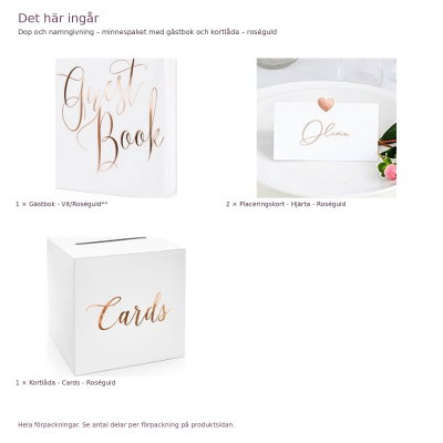 Dop och namngivning – minnespaket med gästbok och kortlåda – roséguld – innehåll och antal förpackningar
