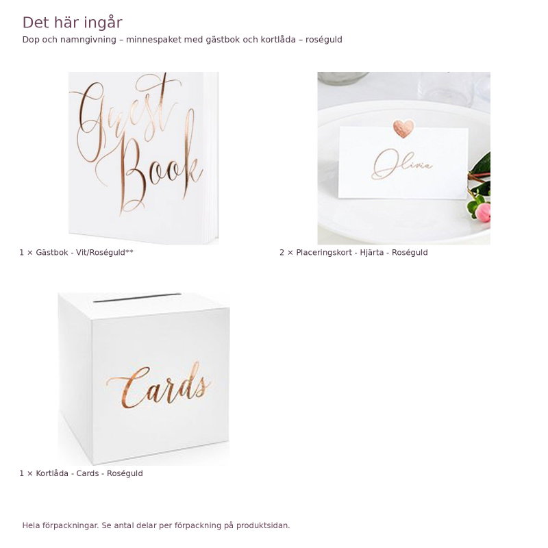 Dop och namngivning – minnespaket med gästbok och kortlåda – roséguld – innehåll och antal förpackningar
