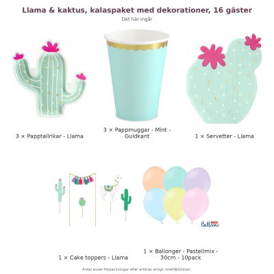 Llama & kaktus, kalaspaket med dekorationer, 16 gäster – innehåll och antal förpackningar