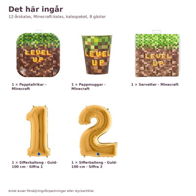 12-årskalas, Minecraft-kalas, kalaspaket, 8 gäster – innehåll och antal, sifferballong 100 cm