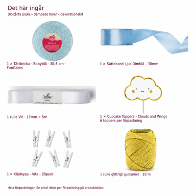 Paketets innehåll med babyblå tårtbricka 30,5 cm
