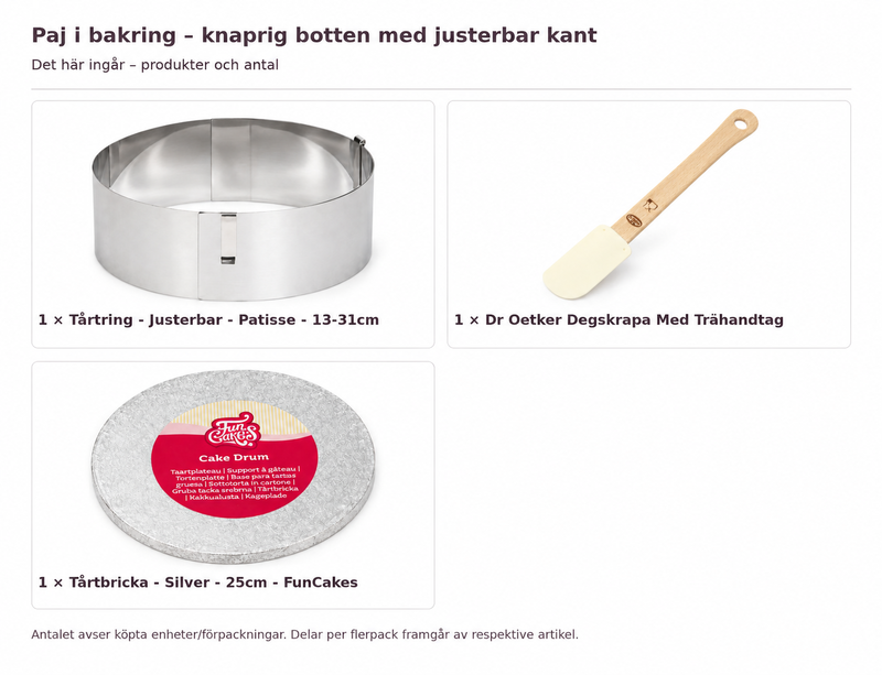 Innehåll och antal: Paj i bakring – knaprig botten med justerbar kant