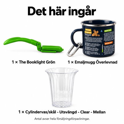 Läsarens utehörna – bokljus, emaljmugg och liten snacksskål – innehåll och antal försäljningsförpackningar