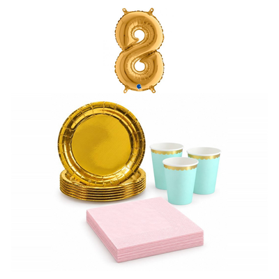 8-årskalas, Mint, rosa och guld, kalaspaket, 6 gäster – sammansatt bild av paketets produkter