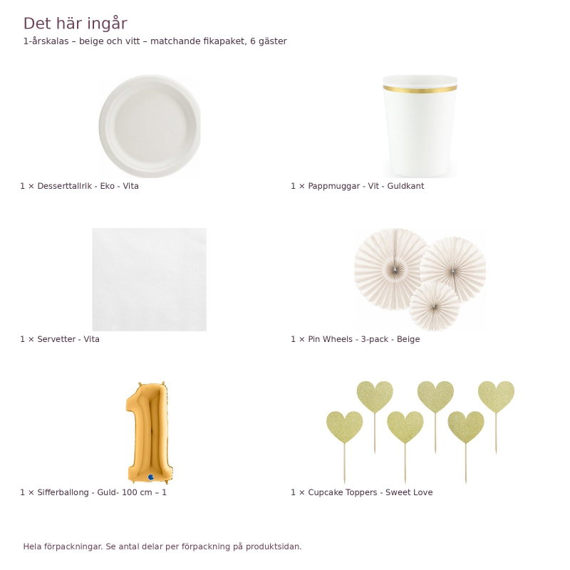 1-årskalas – beige och vitt – matchande fikapaket, 6 gäster – innehåll och antal förpackningar