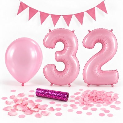 32-års festpaket, Rosa, Stor – paketets dekorationer på vit bakgrund