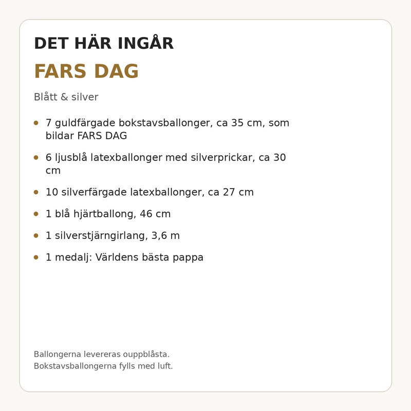 Paketets innehåll och antal – FARS DAG – dekorationspaket till fars dag – blått & silver