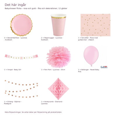 Babyshower flicka – rosa och guld – fika och dekorationer, 12 gäster – innehåll och antal förpackningar