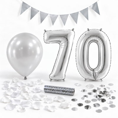 70-års festpaket, Silver, Stor – paketets dekorationer på vit bakgrund