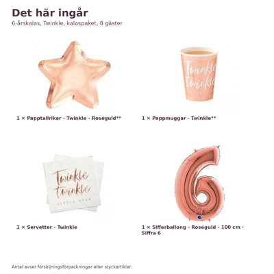 6-årskalas, Twinkle, kalaspaket, 8 gäster – innehåll och antal, sifferballong 100 cm