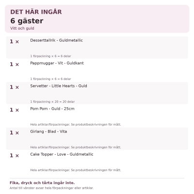 Dop – vitt och guld – fikadukning & dekorationer, 6 gäster – innehåll och antal
